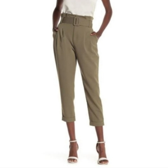 Elodie Pants - Elodie Women's High Waist Paperbag Belted Cropped Pants Olive Green X-Large